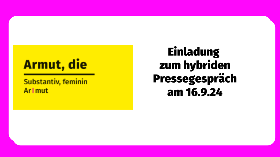 gelbe Postkarte mit Text: Armut, die  und Text Einladung zum Pressegespräch